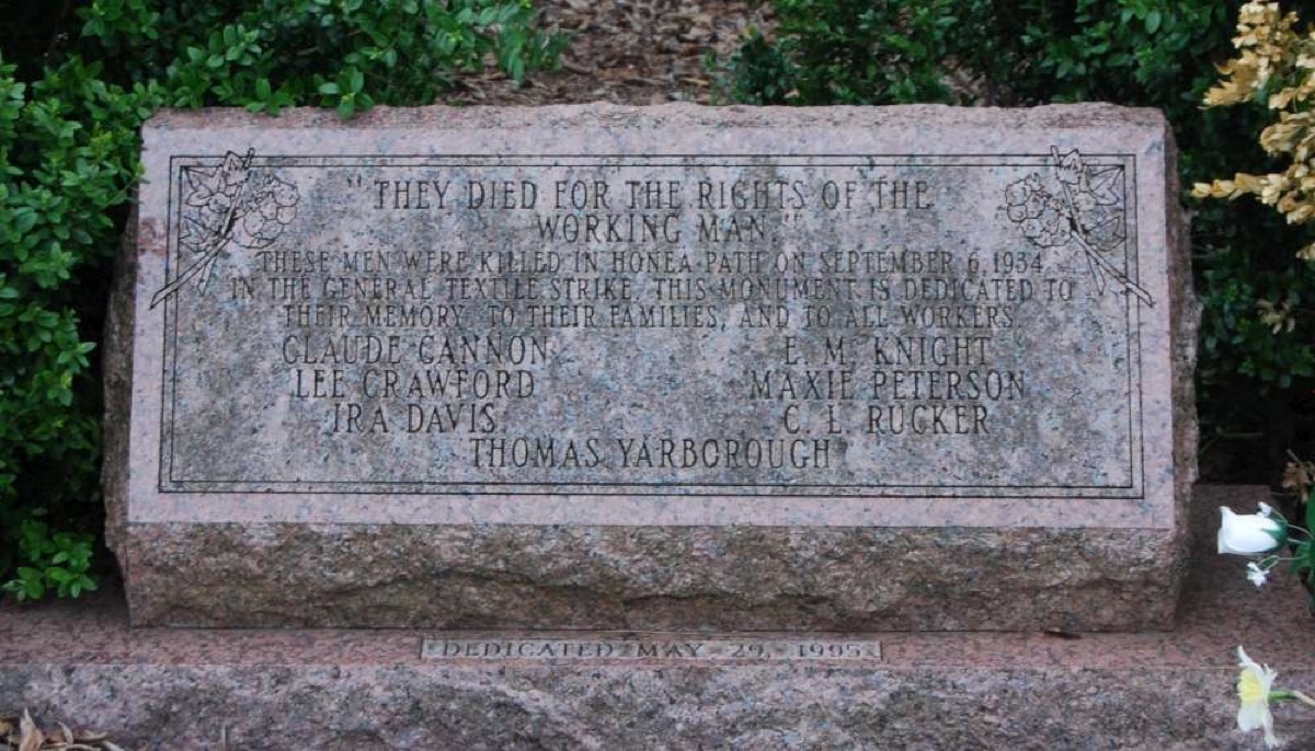 “They Died for the Rights of the Working Man,” Honea Path, South Carolina, marker, 1996