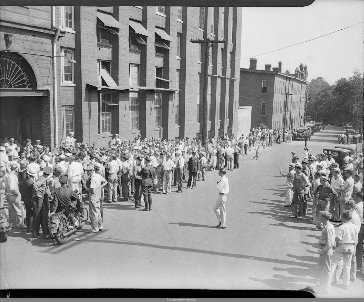 Workers outside the Fulton Bag and Cotton Mills during the Uprising of ’34, 1934