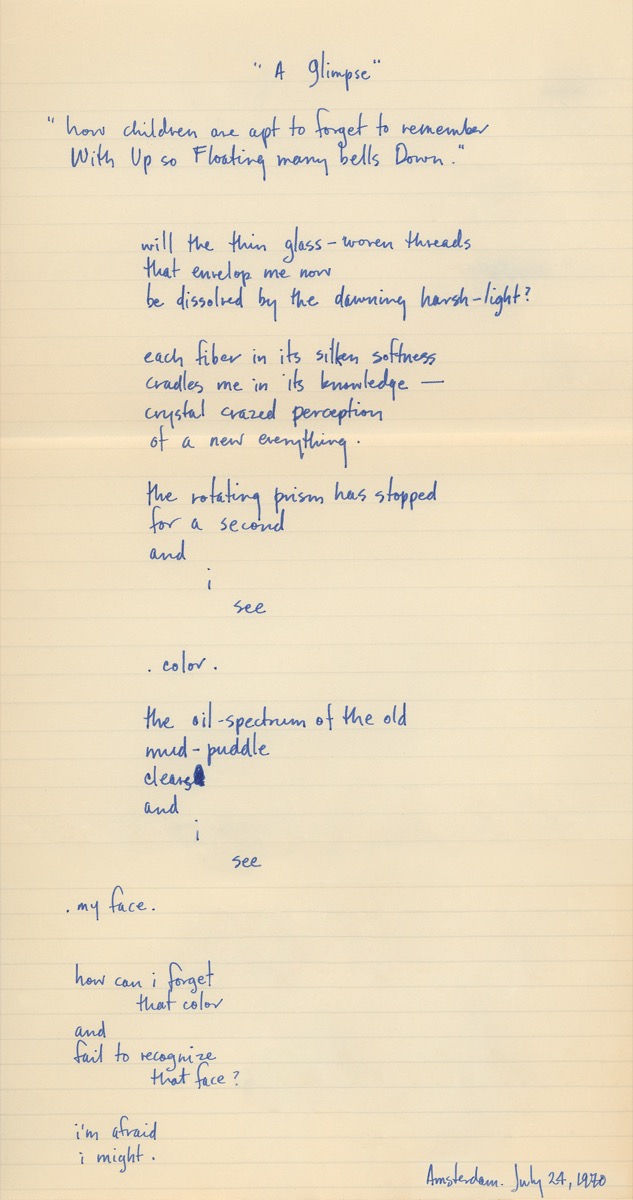 A Glimpse, Evelyn McCleaf with a quote by E.E. Cummings, handwritten poem on paper, 1970