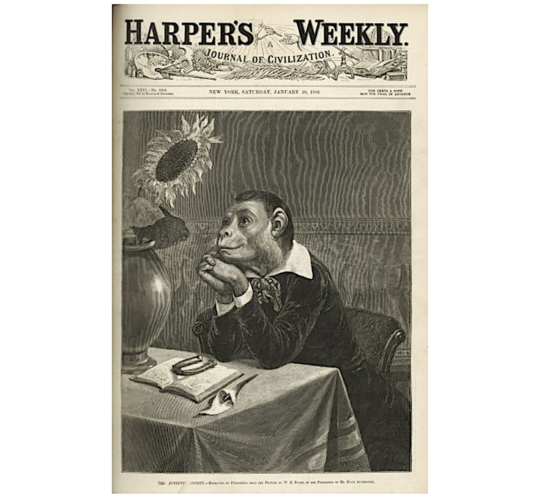 William Holbrook Beard’s <em>The Aesthetic Monkey</em> on the cover of <em>Harper’s Weekly</em>, January 16, 1882.)