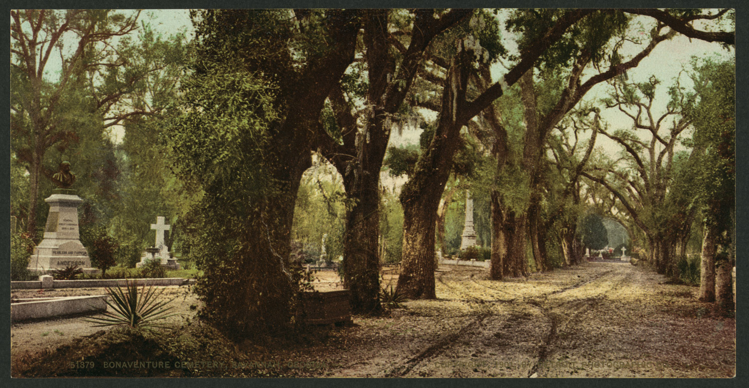 Bonaventure Cemetery in Savannah, ca. 1901. The cemetery entrance is located at 330 Bonaventure Road, and Shell Road is situated less than one and a half miles to the southwest. (Created by Detroit Photographic Co. Image courtesy the Library of Congress Prints and Photographs Online Catalog, LOT 13923, no. 145.)