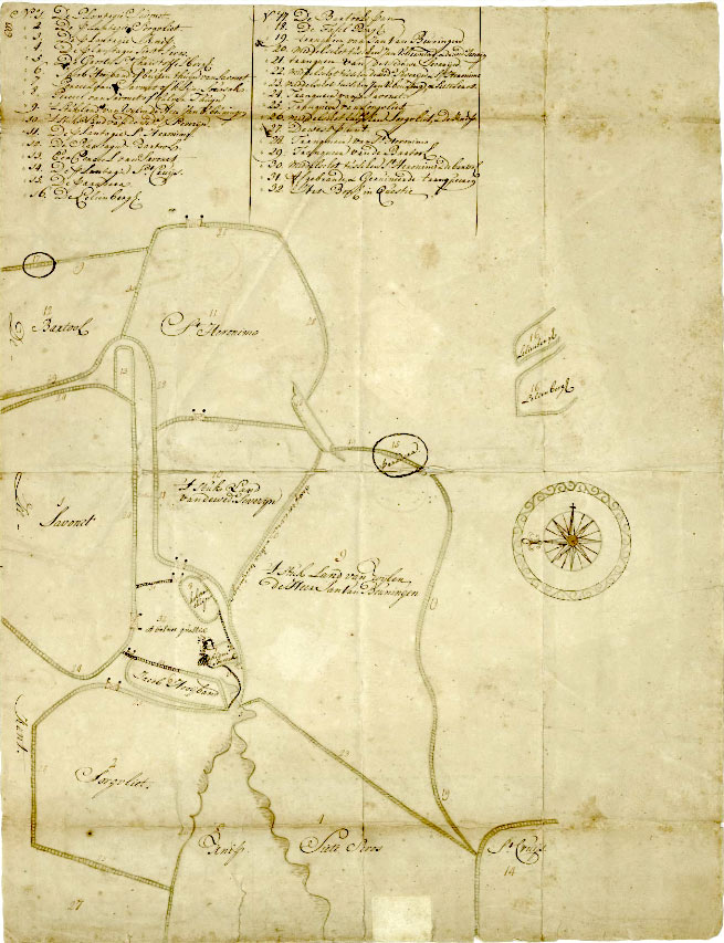 A map, ca 1721, depicting plantations near Curaçao’s West point, drawn up to resolve a territorial conflict between planters. 