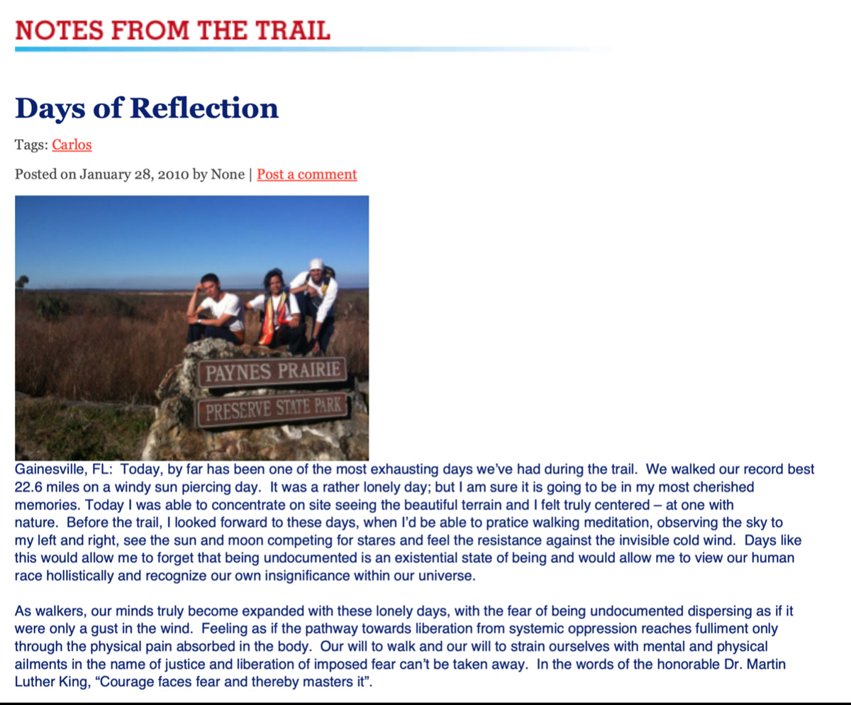 Screenshot of a Trail of Dreams blog post by Carlos Roa.