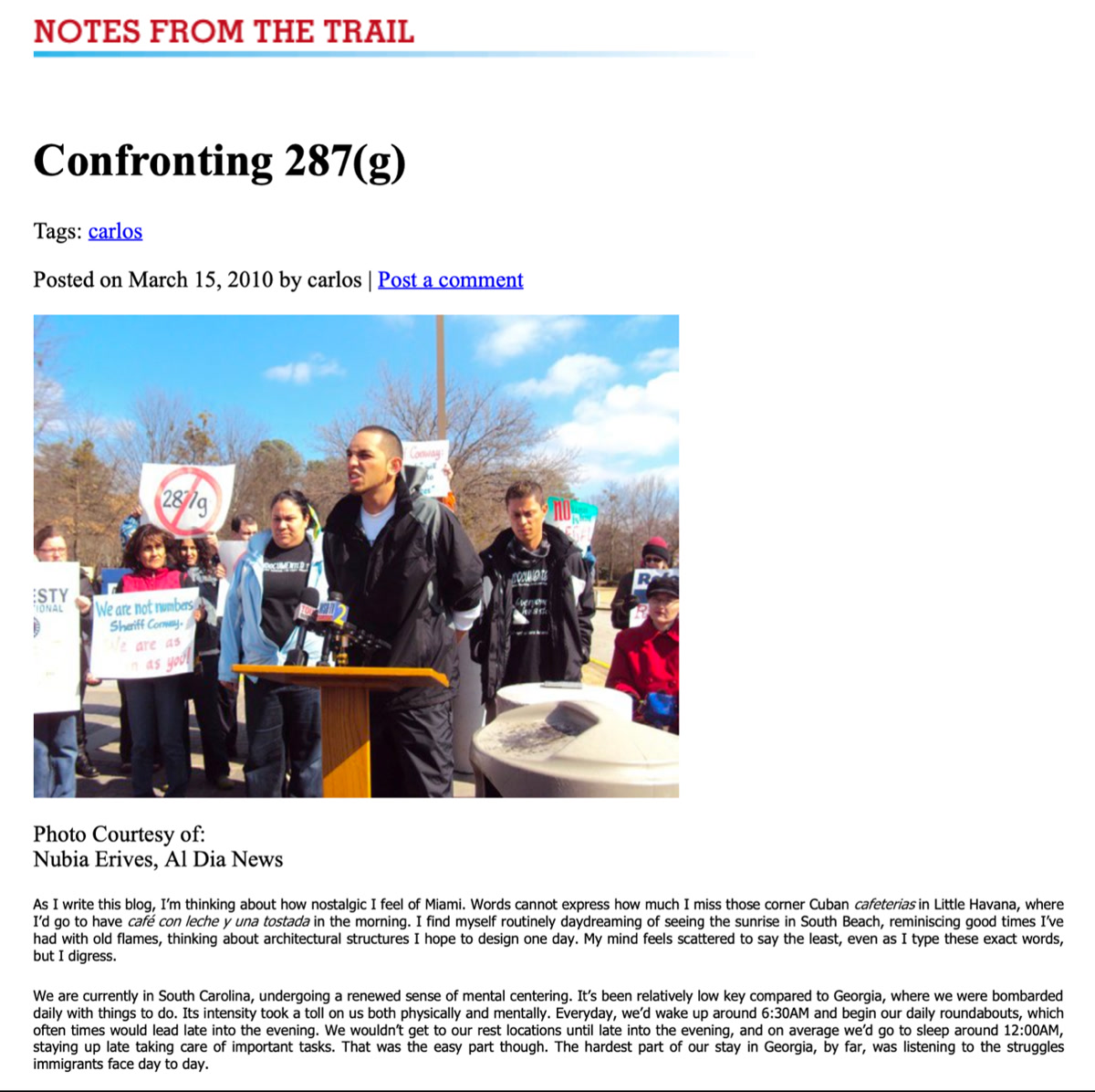 Screenshot of a Trail of Dreams blog post documenting a 287G protest in Gwinnett County, Georgia.