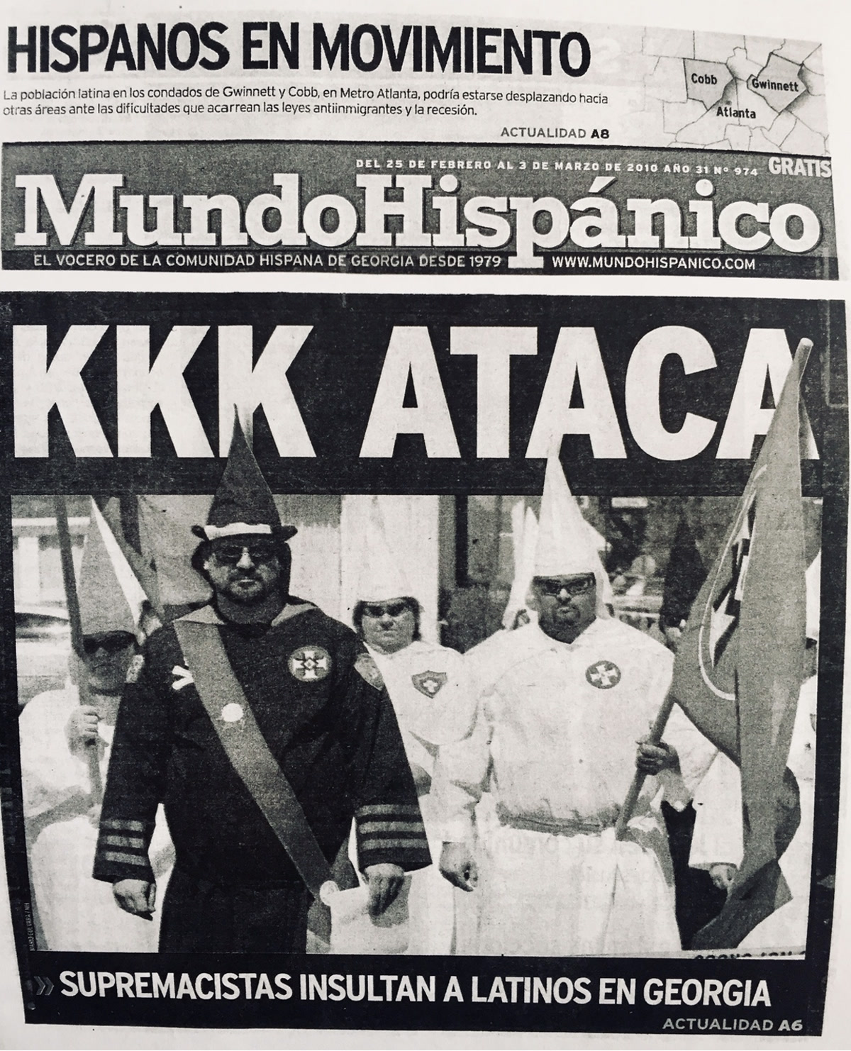 Front page of Mundo Hispano showing a Ku Klux Klan rally in Nahunta, Georgia.