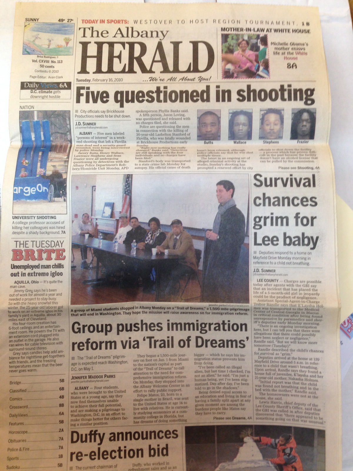 Front page of The Albany Herald showing Trail participants in Albany, Georgia.