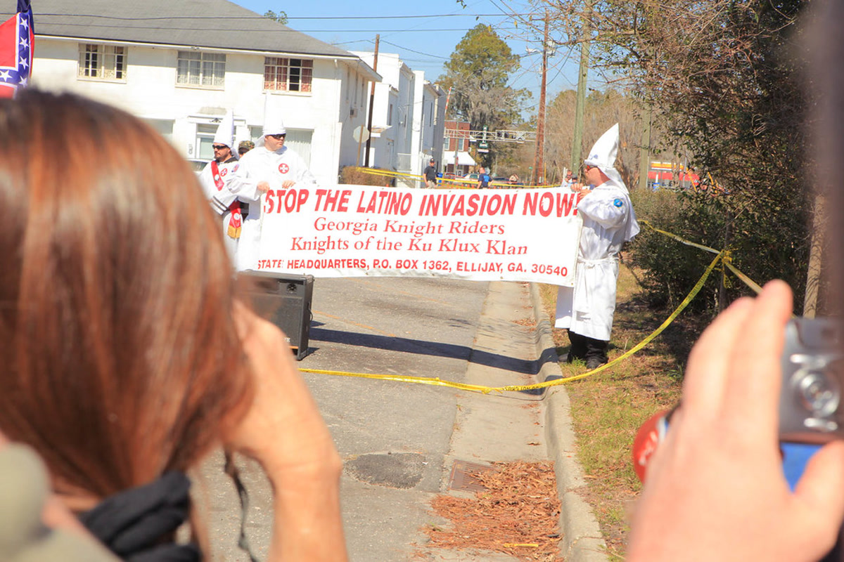 Trail of Dreams organizers protesting a Ku Klux Klan rally in Nahunta, Georgia.