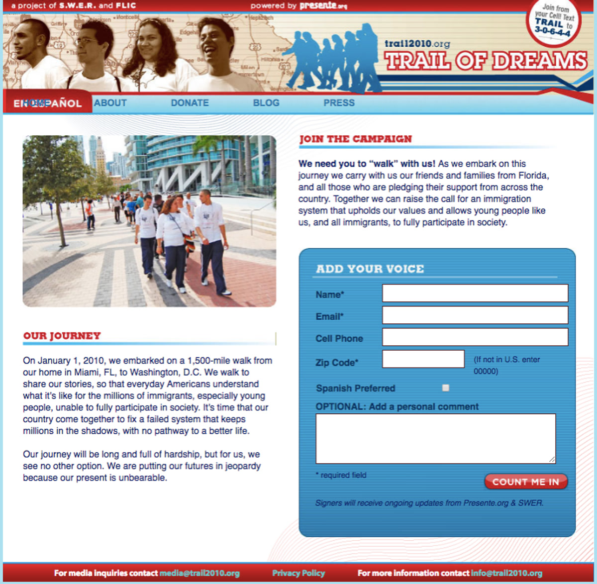 Screenshot of the Trail of Dreams website.
