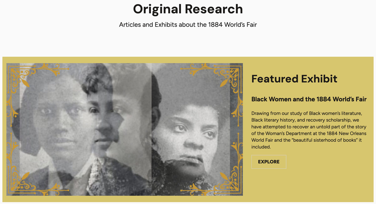 Banner for the featured exhibit Black Women and the 1884 World's Fair.