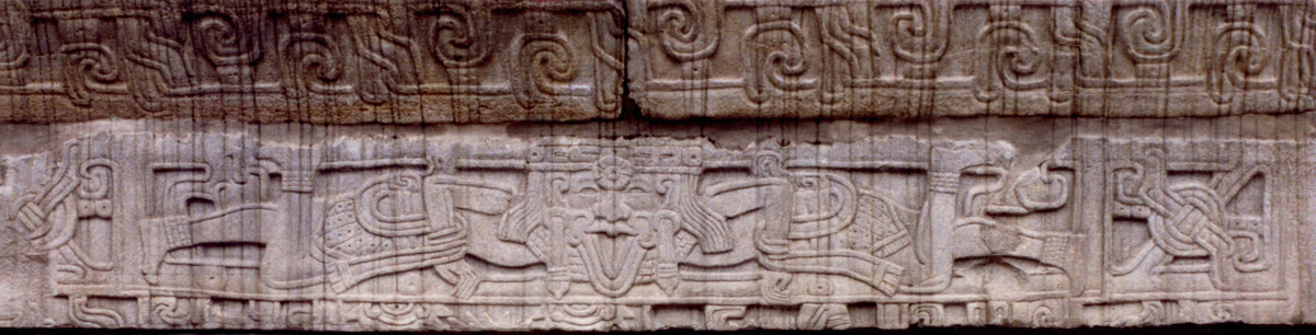 Midfield panel at the South Ballcourt at El Tajin showing a dual deity figure.