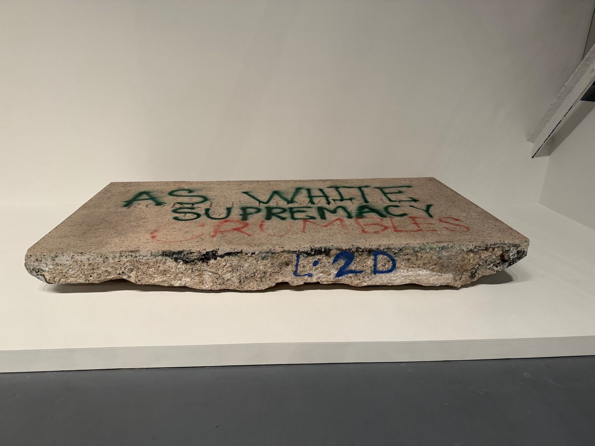 Monument fragments on display in Los Angeles as part of MONUMENTS