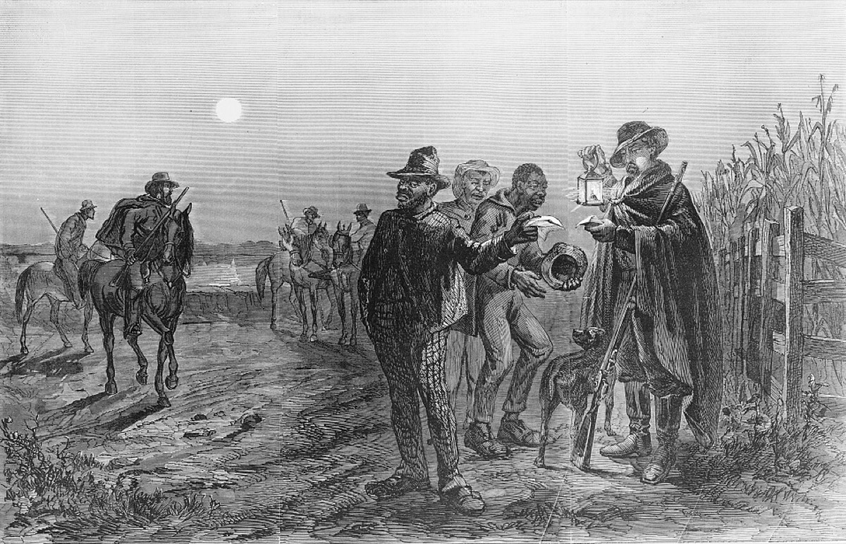 The slave patrol examining passes on the levee road below New Orleans at night, 1863